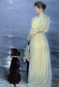 Sommerkveld på Skagen, Kunstnerfruen med en hund på stranden, 1892